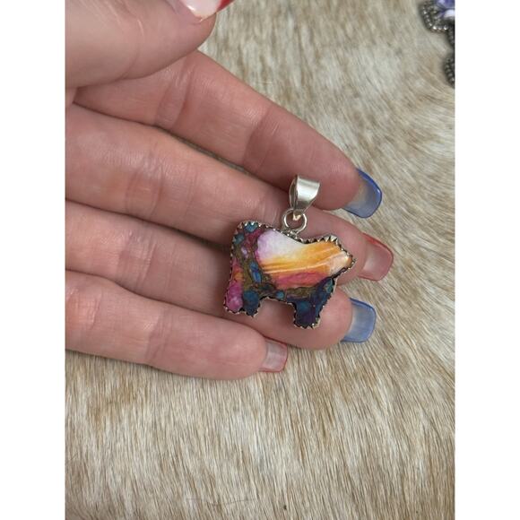 Native American SW Sterling Silver Pink Dahlia Turquoise Cow Sheep Lamb Pendant